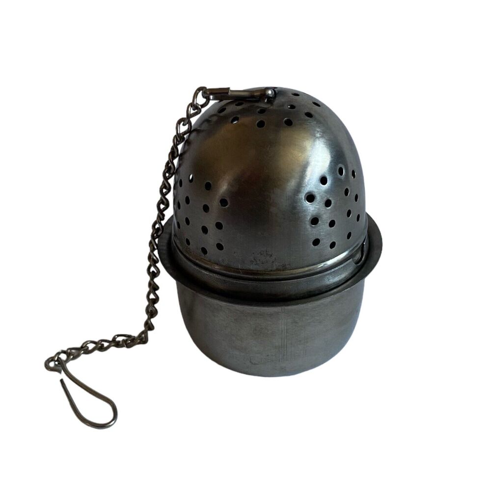 Vtg Metal Tea Herb Strainer Infuser Ball Egg Shaped With Small Storage Bowl